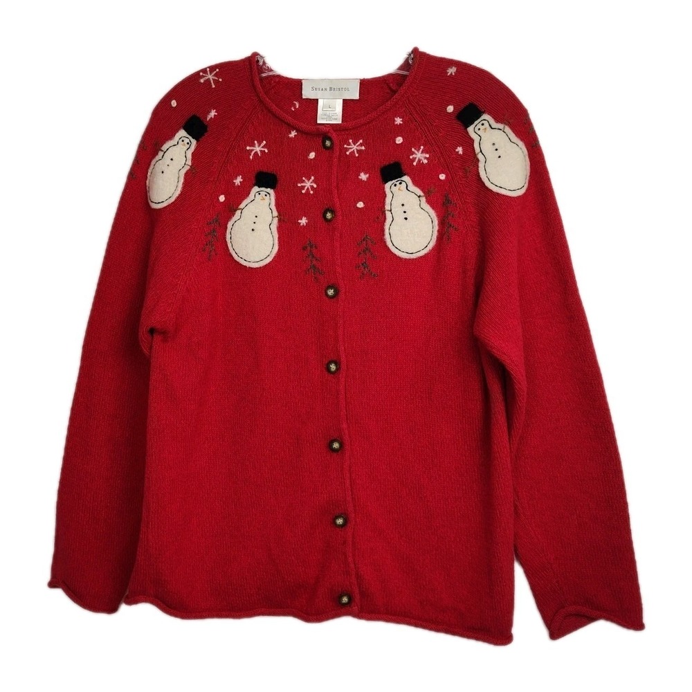 Susan Bristol Christmas Cardigan Sweater‎ Women's L Red Hand Embroidered Snowmen